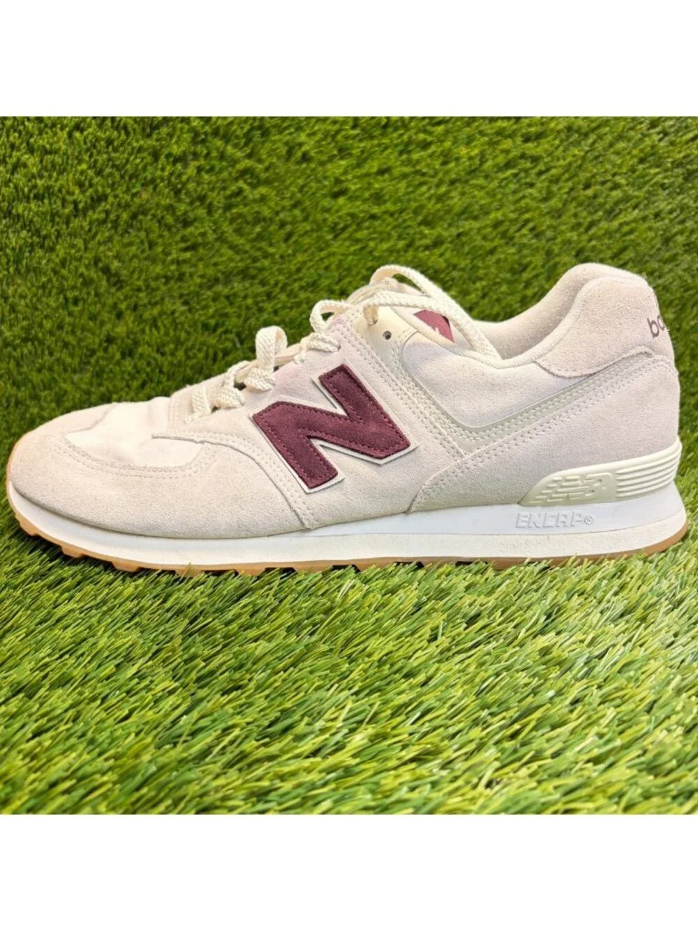New Balance 574 Mens Size 13 Cream Burgundy Athletic Walking Shoes Sneakers